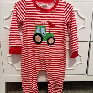 Red Striped Kids One Piece with Tractor Design